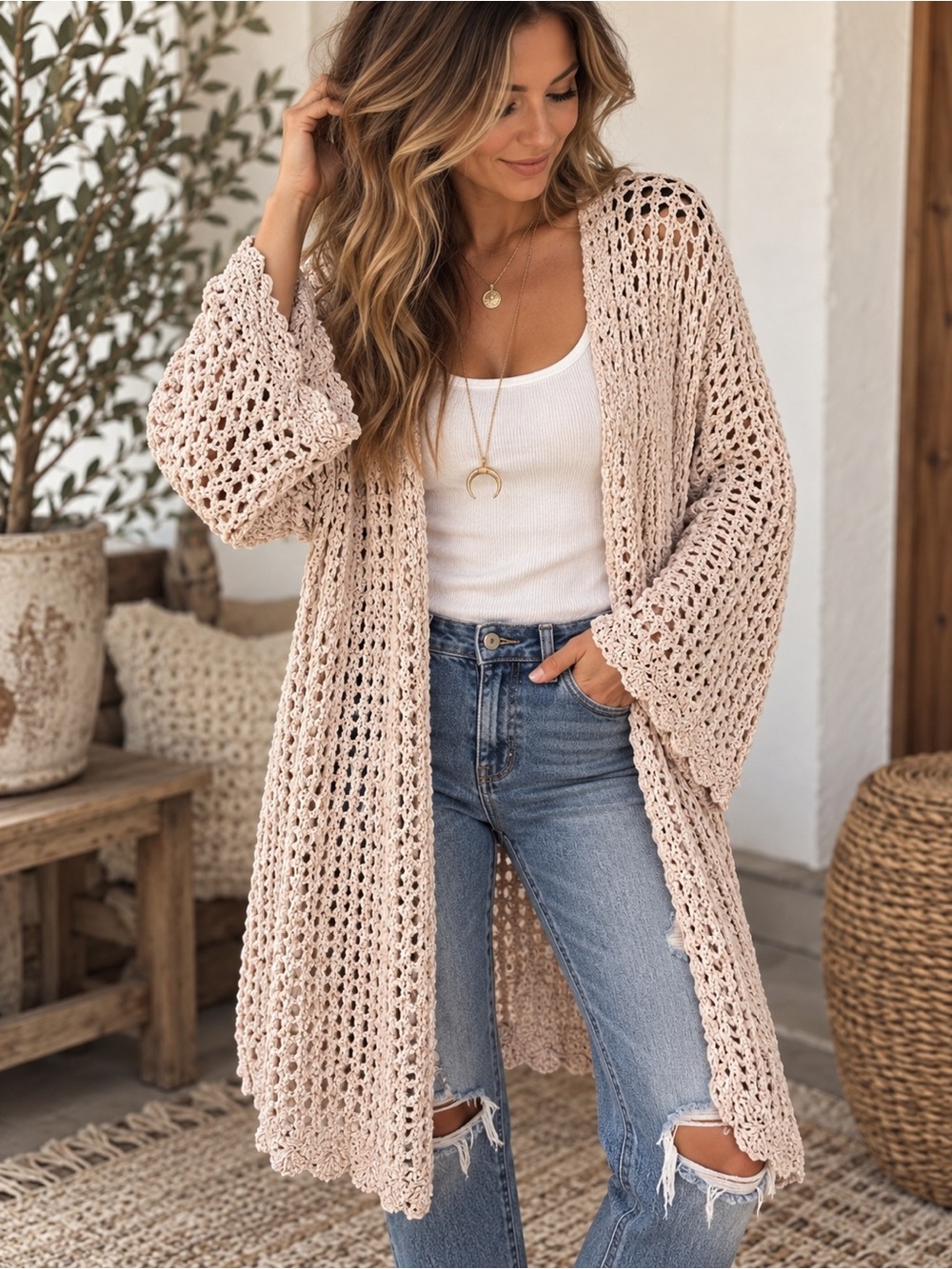 Miracle USA Crochet Open Knit Long Cardigan M/L Boho Bell Sleeve Neutral